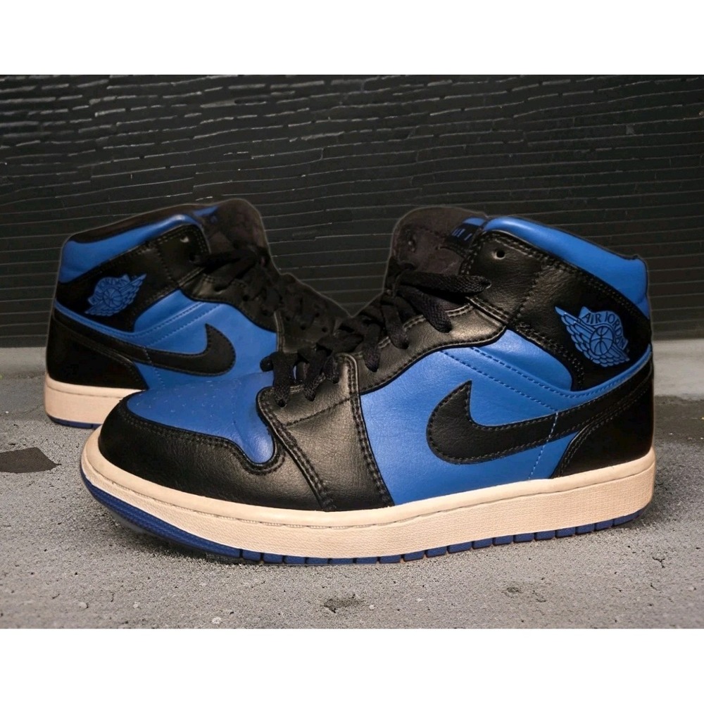 Air Jordan 1 Mid Black Royal Blue NIKE Leather Mid-Top Sneakers Size 9.5 Mens